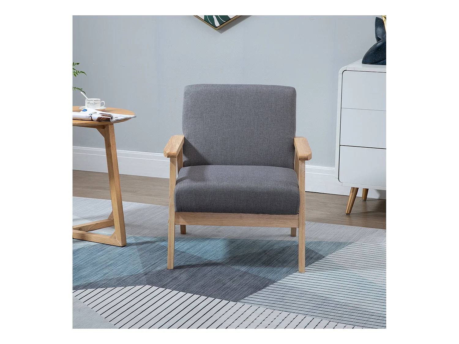 Loungestoel met armleuningen, Scandinavisch design, linnen stof, grijs (64x70x72 cm)