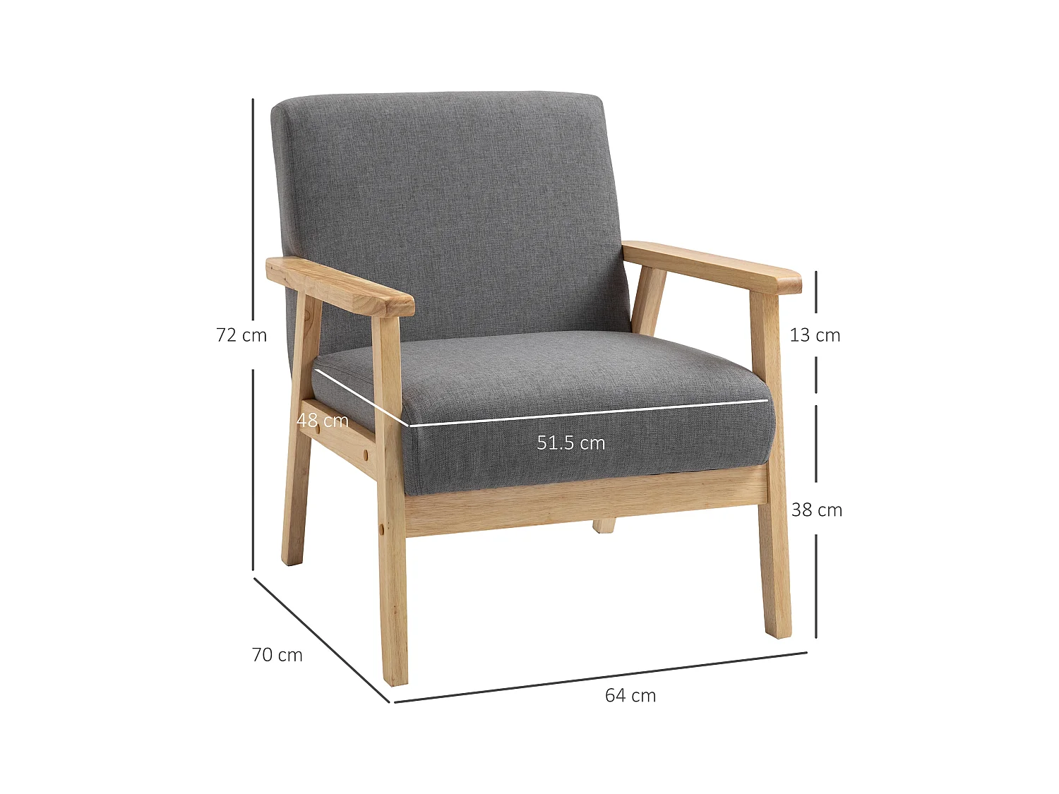 Loungestoel met armleuningen, Scandinavisch design, linnen stof, grijs (64x70x72 cm)
