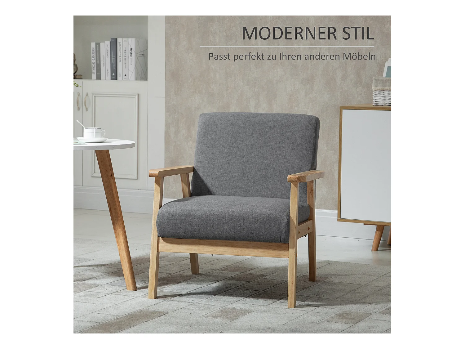 Loungestoel met armleuningen, Scandinavisch design, linnen stof, grijs (64x70x72 cm)
