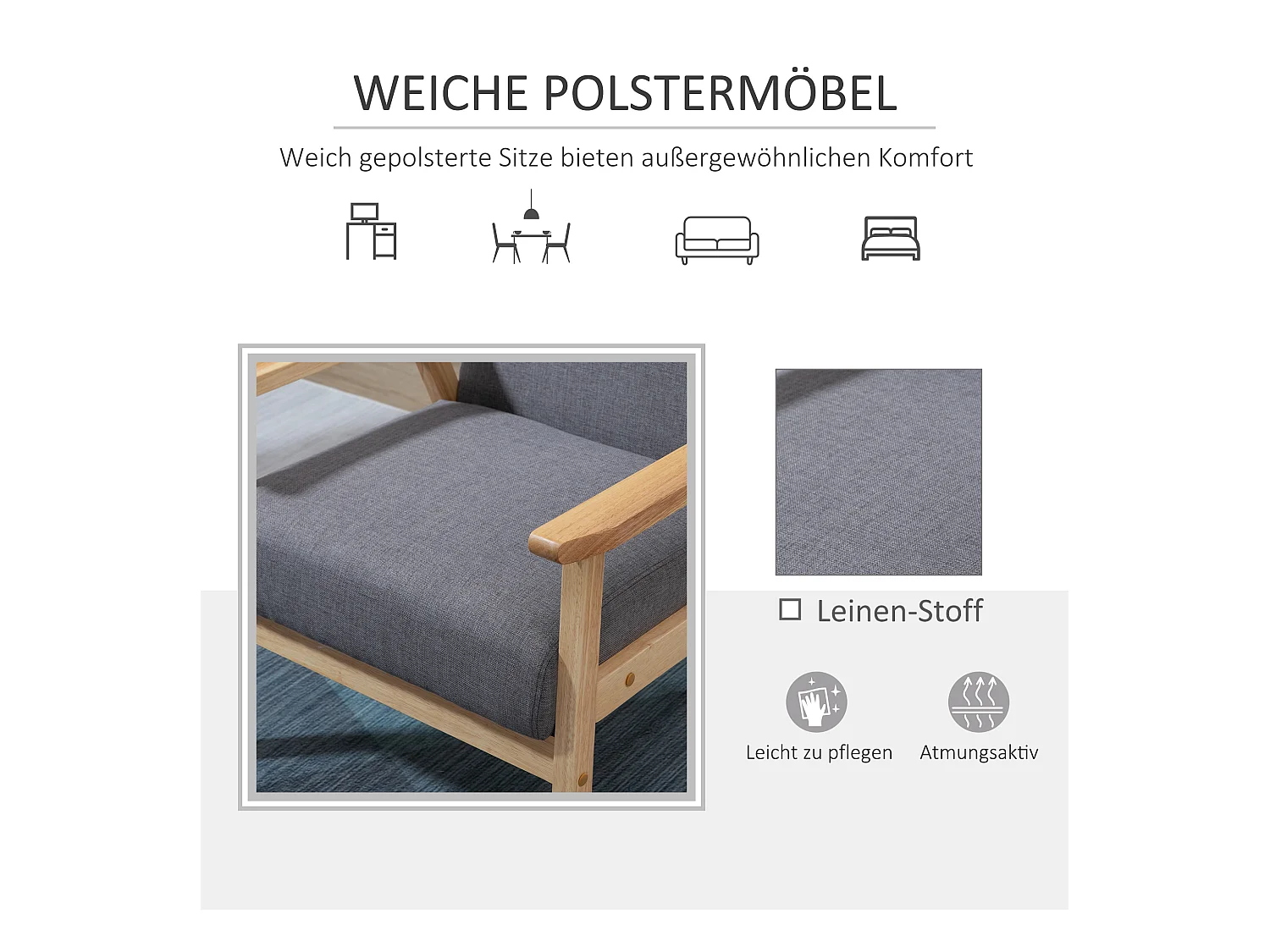 Loungestoel met armleuningen, Scandinavisch design, linnen stof, grijs (64x70x72 cm)
