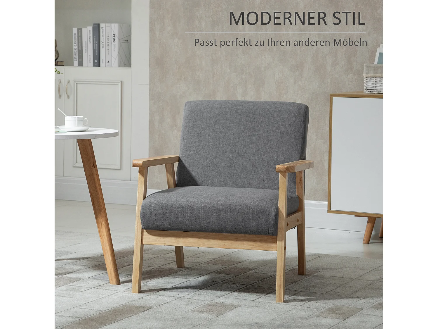 Fauteuil lounge avec accoudoirs, design scandinave, tissu lin, gris (64x70x72 cm)