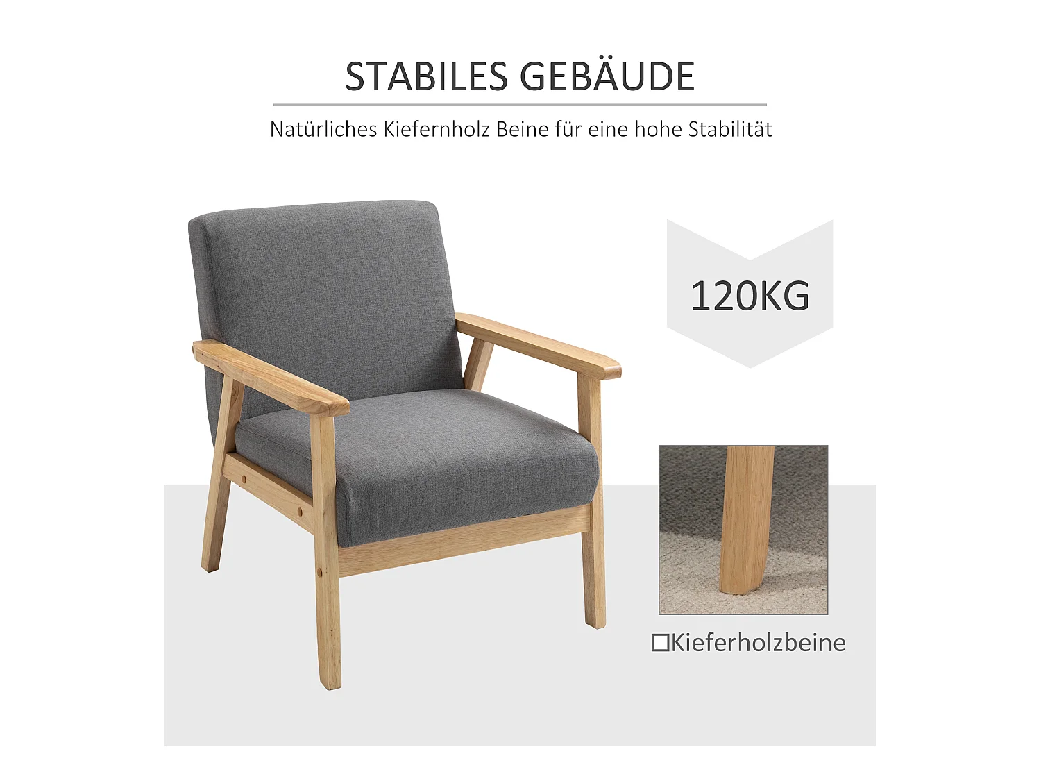 Fauteuil lounge avec accoudoirs, design scandinave, tissu lin, gris (64x70x72 cm)