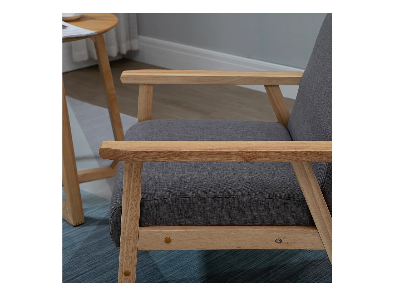 Fauteuil lounge avec accoudoirs, design scandinave, tissu lin, gris (64x70x72 cm)