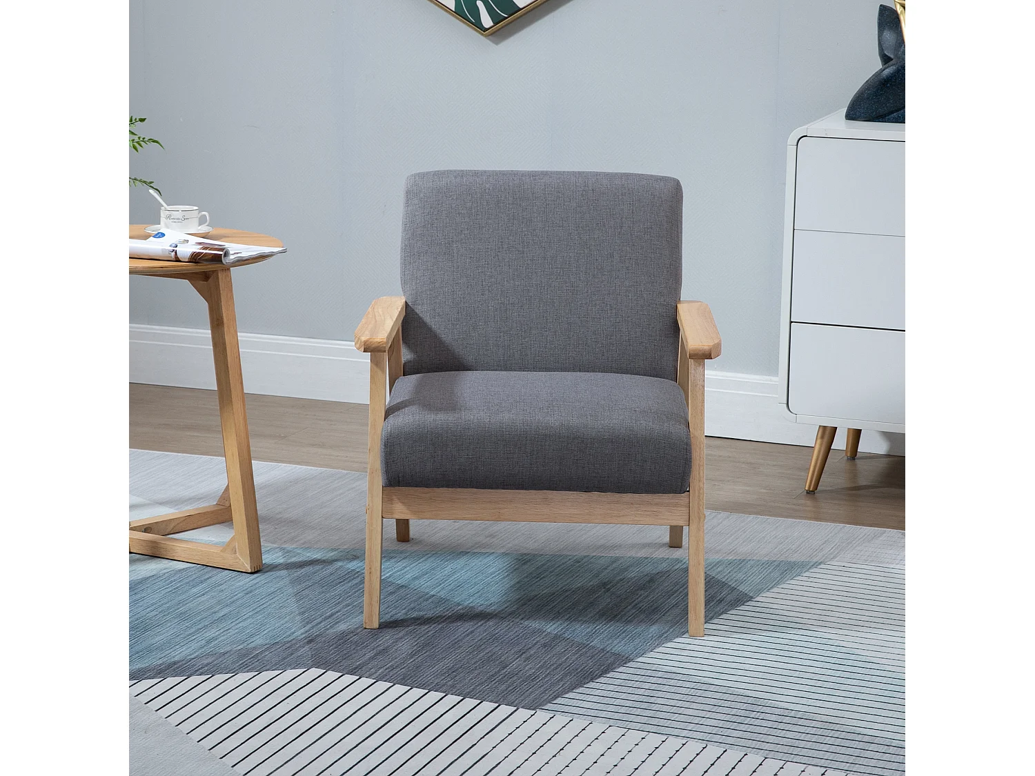 Poltrona con braccioli, design scandinavo, tessuto di lino, grigio (64x70x72 cm)