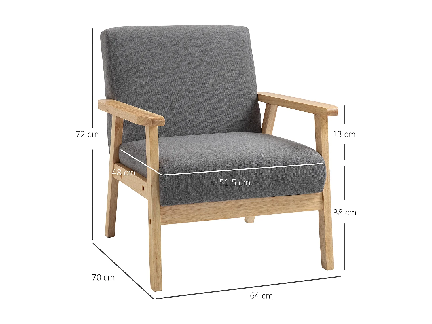 Poltrona con braccioli, design scandinavo, tessuto di lino, grigio (64x70x72 cm)