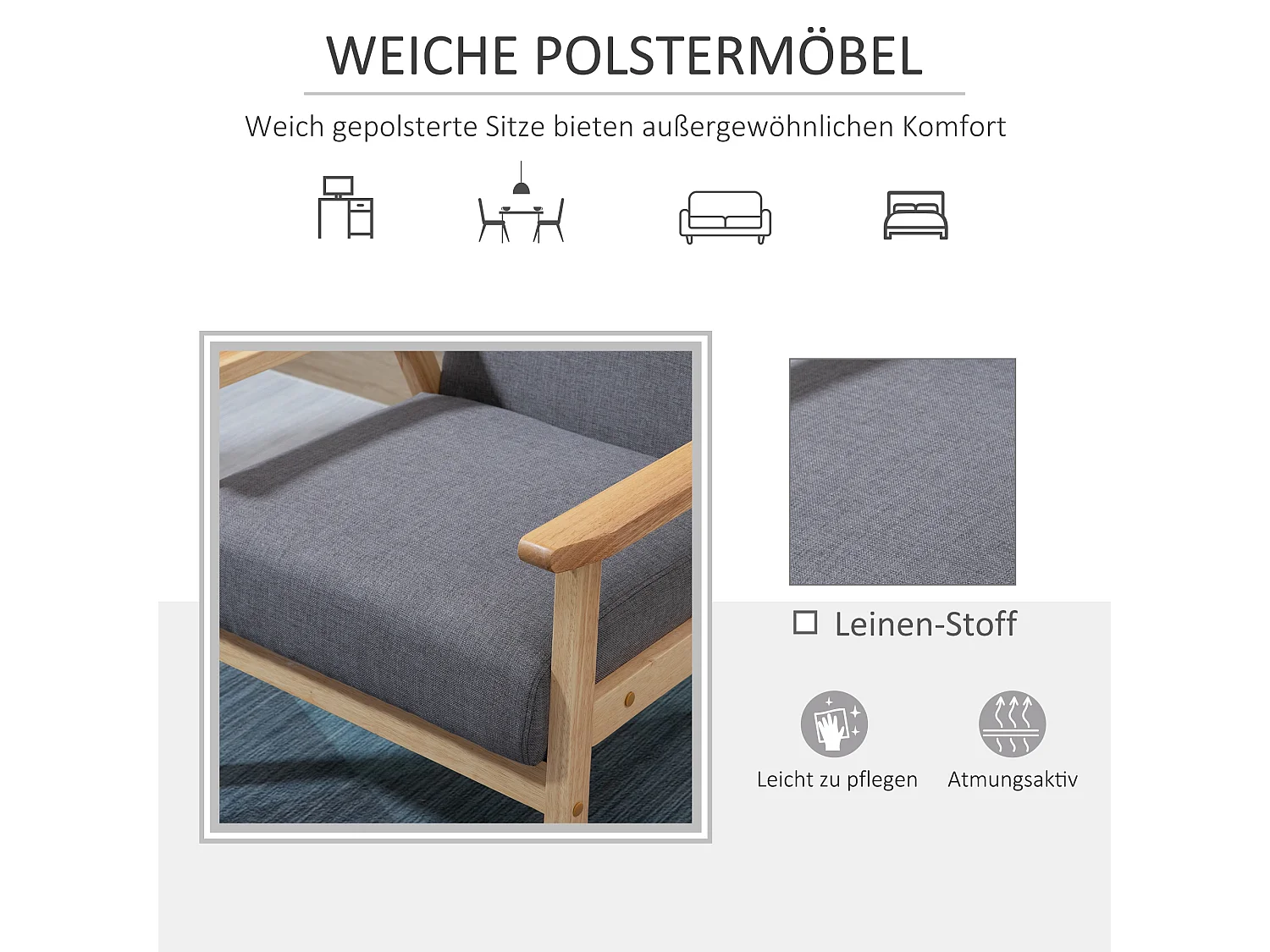 Poltrona con braccioli, design scandinavo, tessuto di lino, grigio (64x70x72 cm)