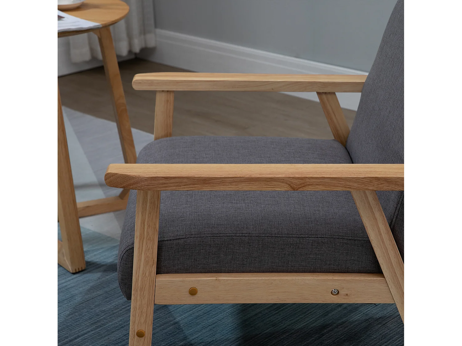 Poltrona con braccioli, design scandinavo, tessuto di lino, grigio (64x70x72 cm)