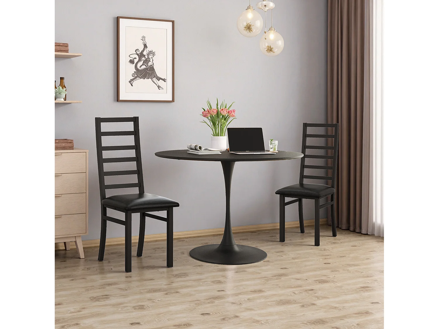 Chaises de salle à manger métal, design épuré, PU simili cuir, pieds en acier, noir (40x47x107 cm)