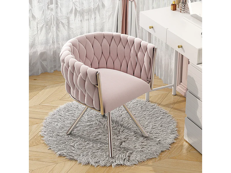 Fauteuil de maquillage en velours, design moderne, avec accoudoirs et quatre pieds métalliques, rose (59.69x55.25x45.72 cm)