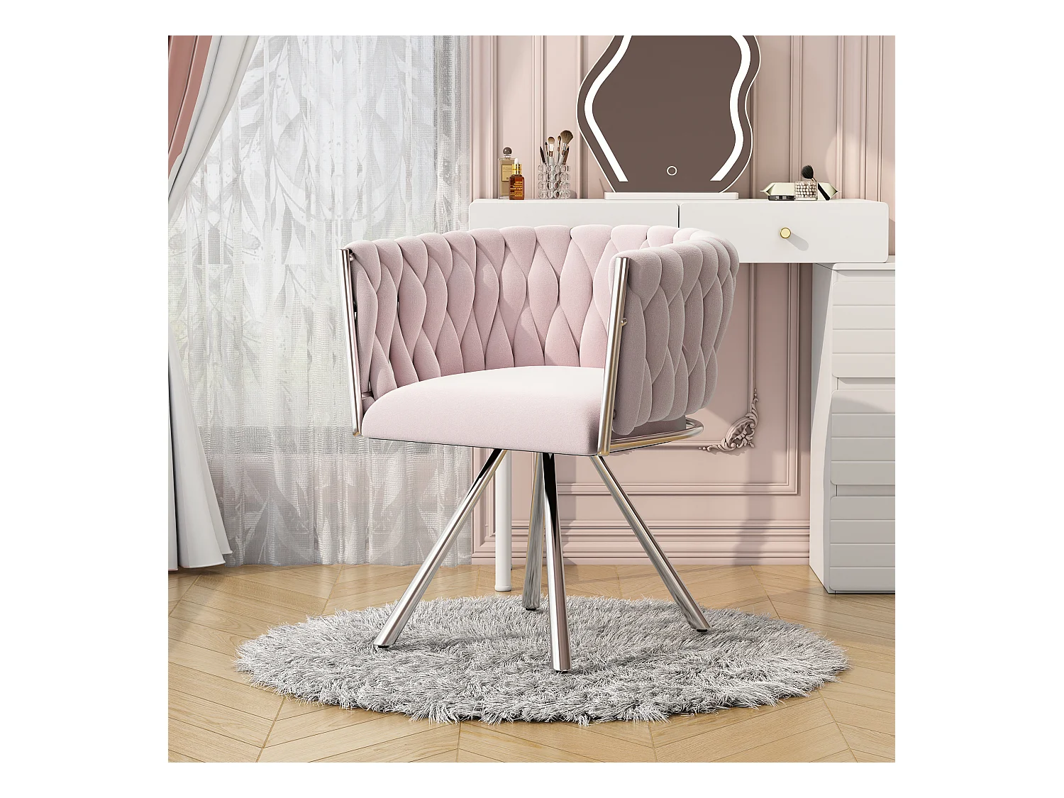Fauteuil de maquillage en velours, design moderne, avec accoudoirs et quatre pieds métalliques, rose (59.69x55.25x45.72 cm)