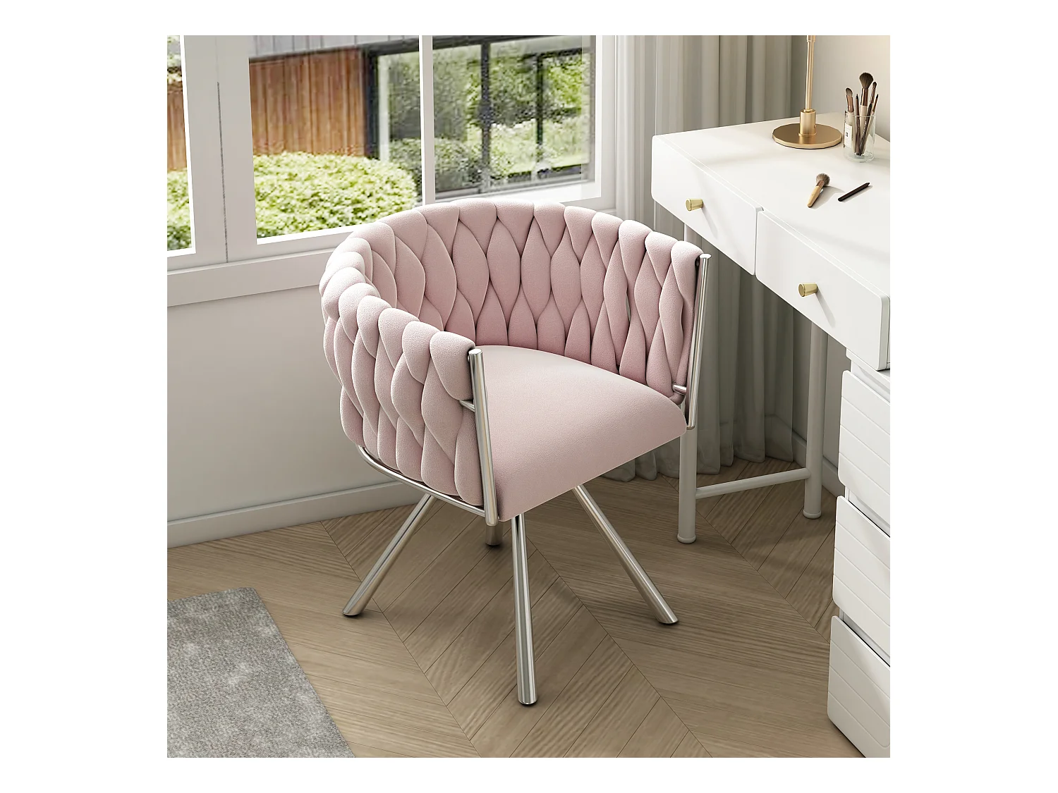 Fauteuil de maquillage en velours, design moderne, avec accoudoirs et quatre pieds métalliques, rose (59.69x55.25x45.72 cm)