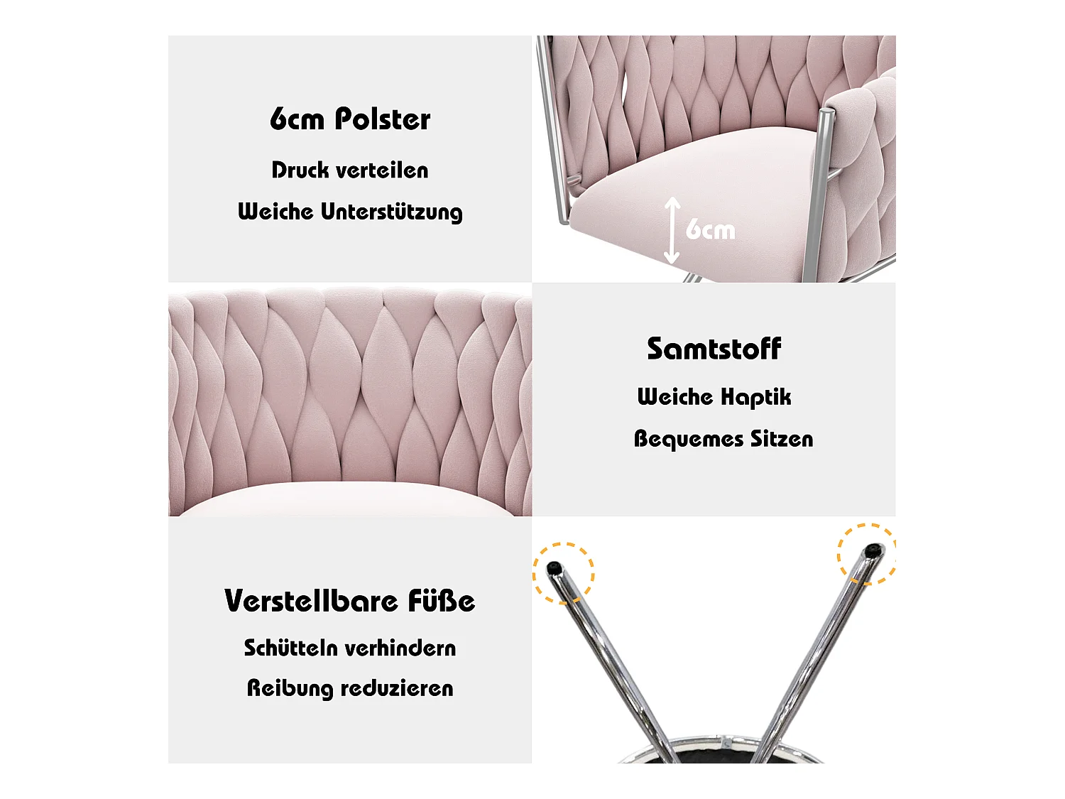 Fauteuil de maquillage en velours, design moderne, avec accoudoirs et quatre pieds métalliques, rose (59.69x55.25x45.72 cm)