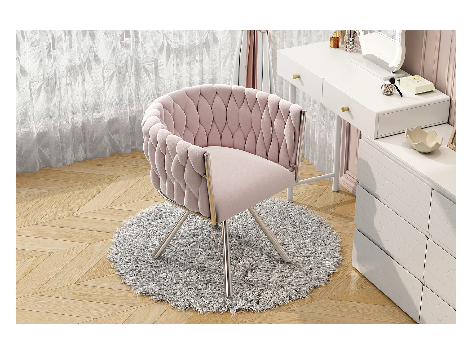 Fauteuil de maquillage en velours, design moderne, avec accoudoirs et quatre pieds métalliques, rose (59.69x55.25x45.72 cm)