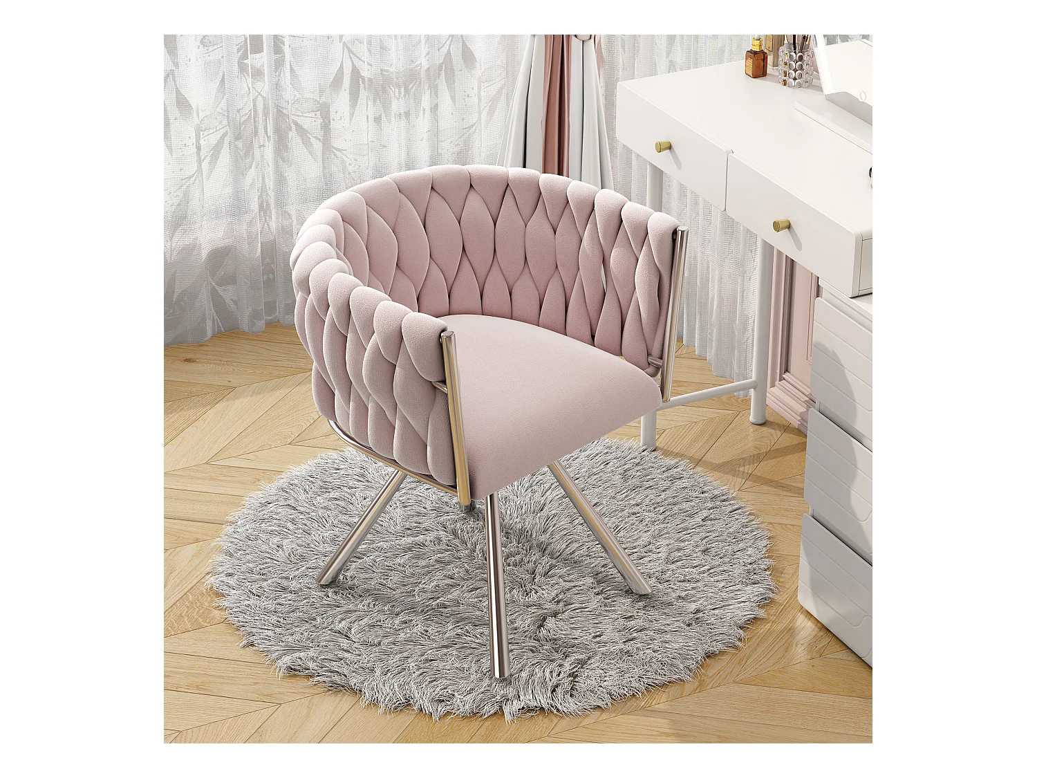 Fluwelen make-up stoel, modern design, met armleuningen en vier metalen poten, roze (59,69x55,25x45,72 cm)