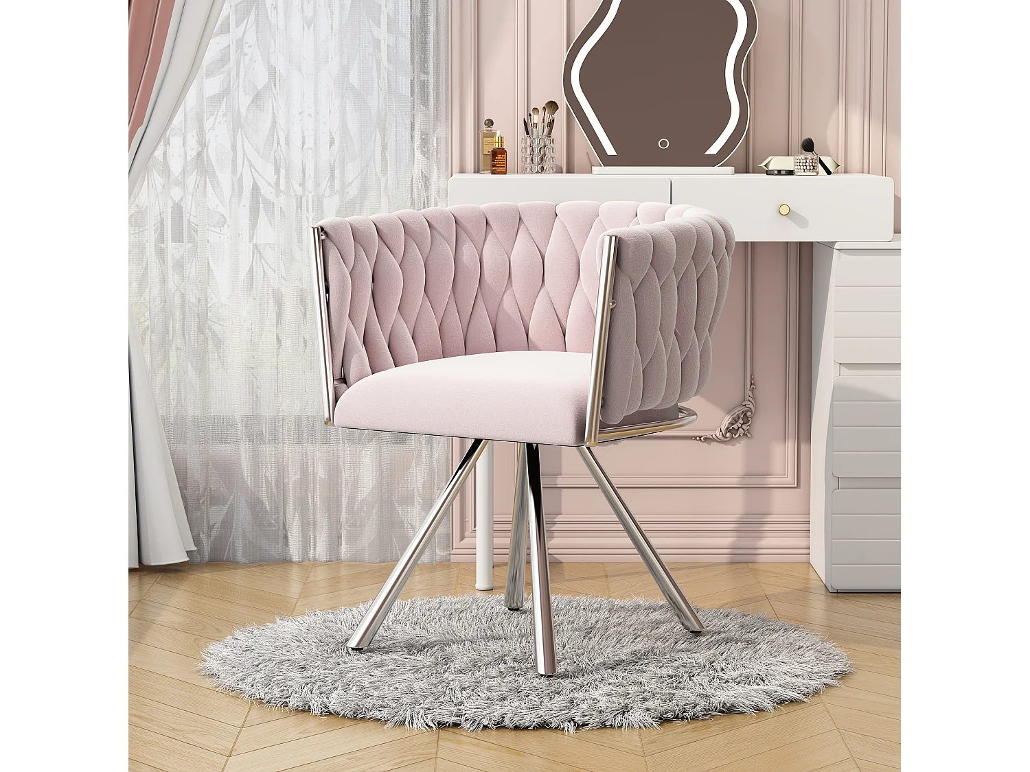 Fauteuil de maquillage en velours, design moderne, avec accoudoirs et quatre pieds métalliques, rose (59.69x55.25x45.72 cm)