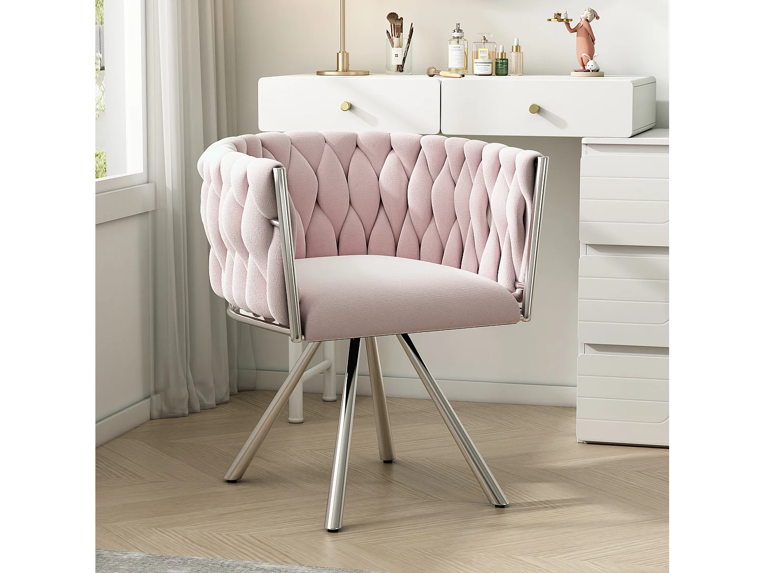 Fauteuil de maquillage en velours, design moderne, avec accoudoirs et quatre pieds métalliques, rose (59.69x55.25x45.72 cm)