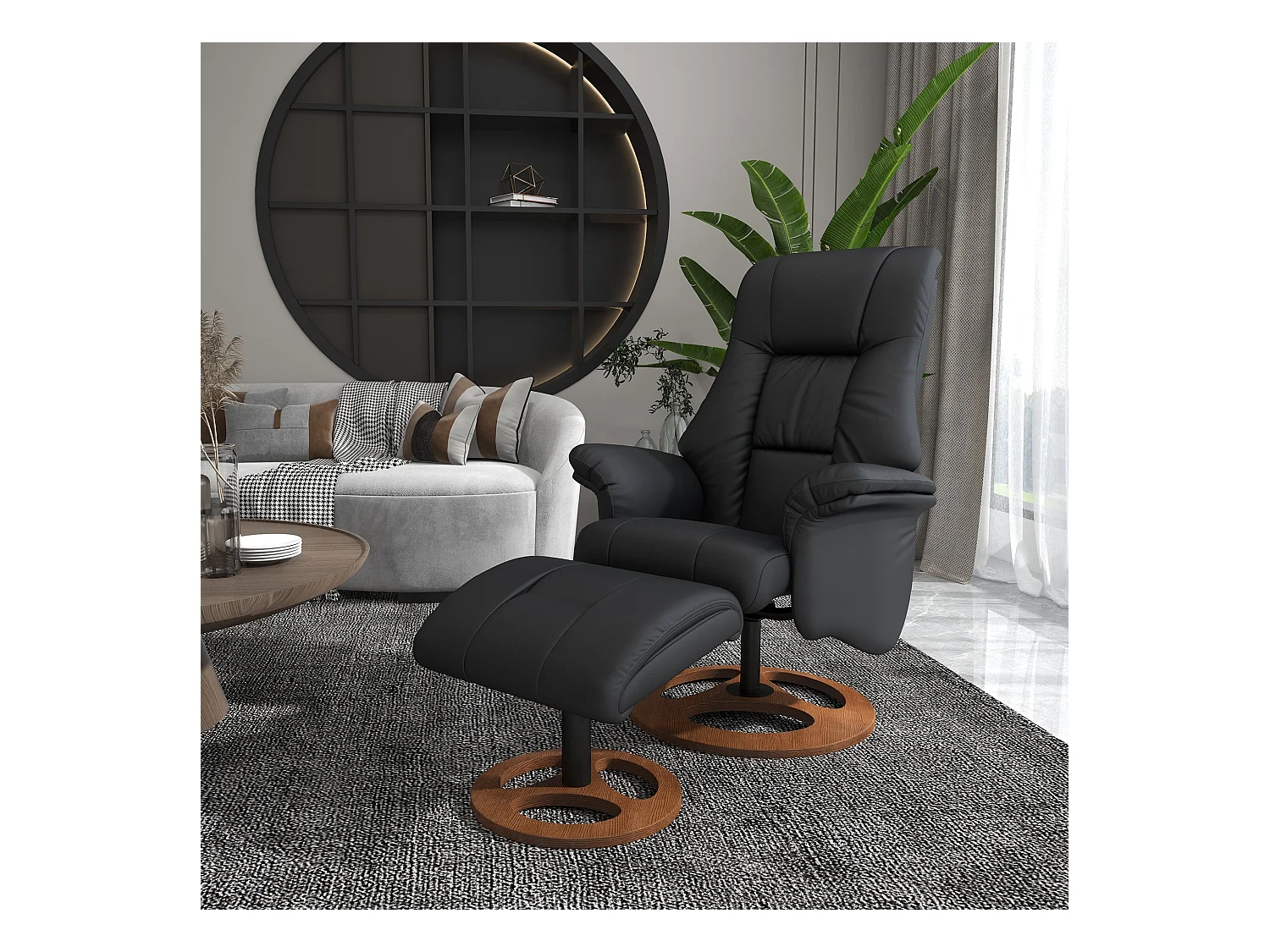 Fauteuil relax électrique inclinable 130°, simili cuir, noir, avec repose-pieds, pivotant (77x89x110cm)