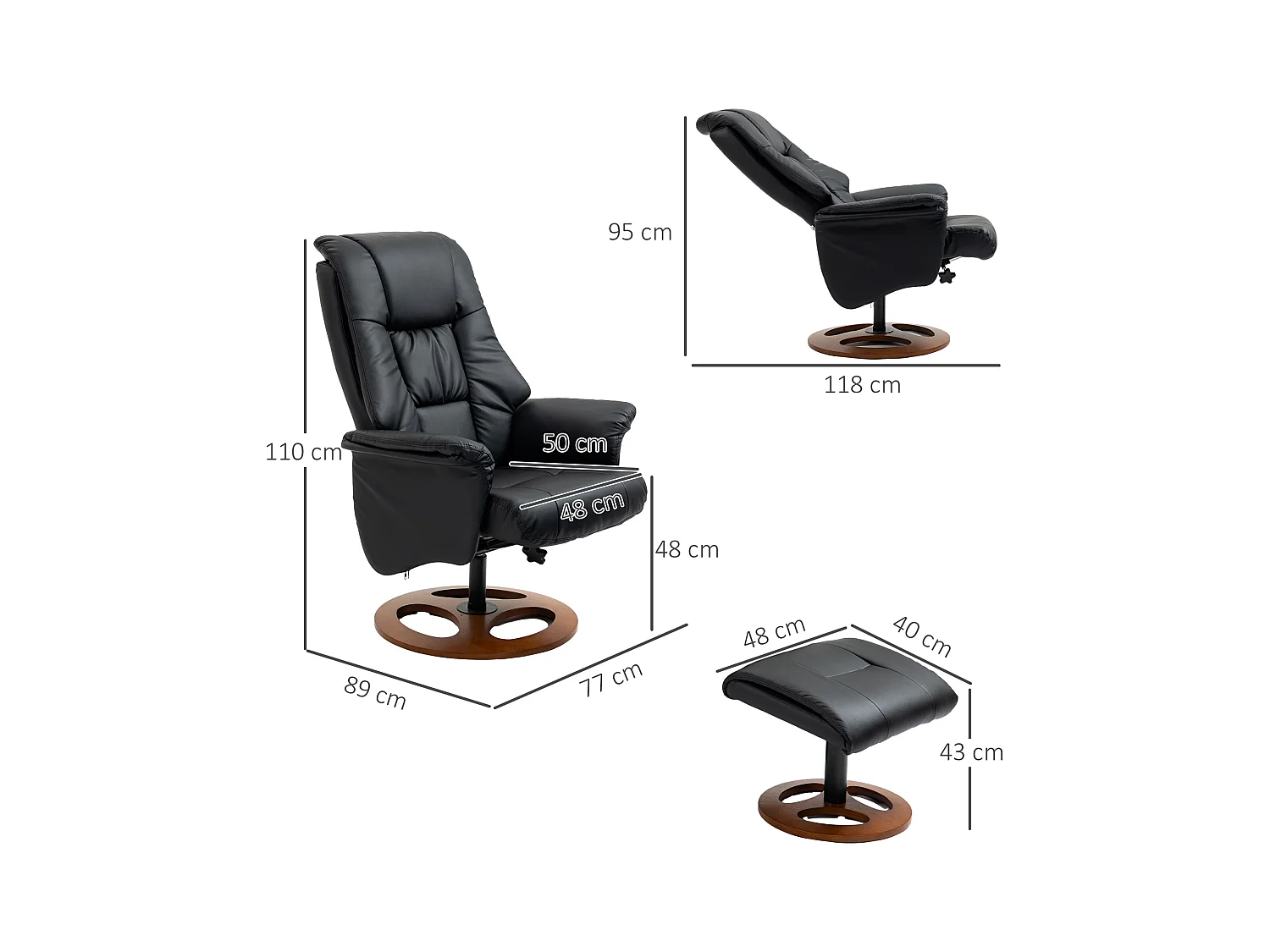 Fauteuil relax électrique inclinable 130°, simili cuir, noir, avec repose-pieds, pivotant (77x89x110cm)