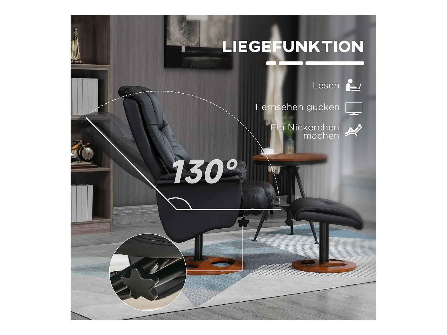 Fauteuil relax électrique inclinable 130°, simili cuir, noir, avec repose-pieds, pivotant (77x89x110cm)