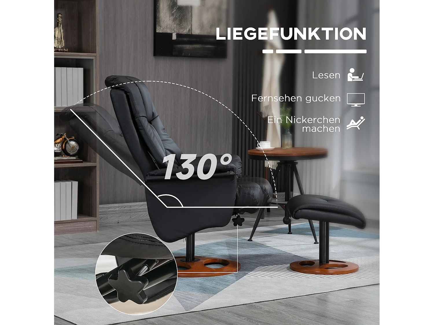 Fauteuil relax électrique inclinable 130°, simili cuir, noir, avec repose-pieds, pivotant (77x89x110cm)