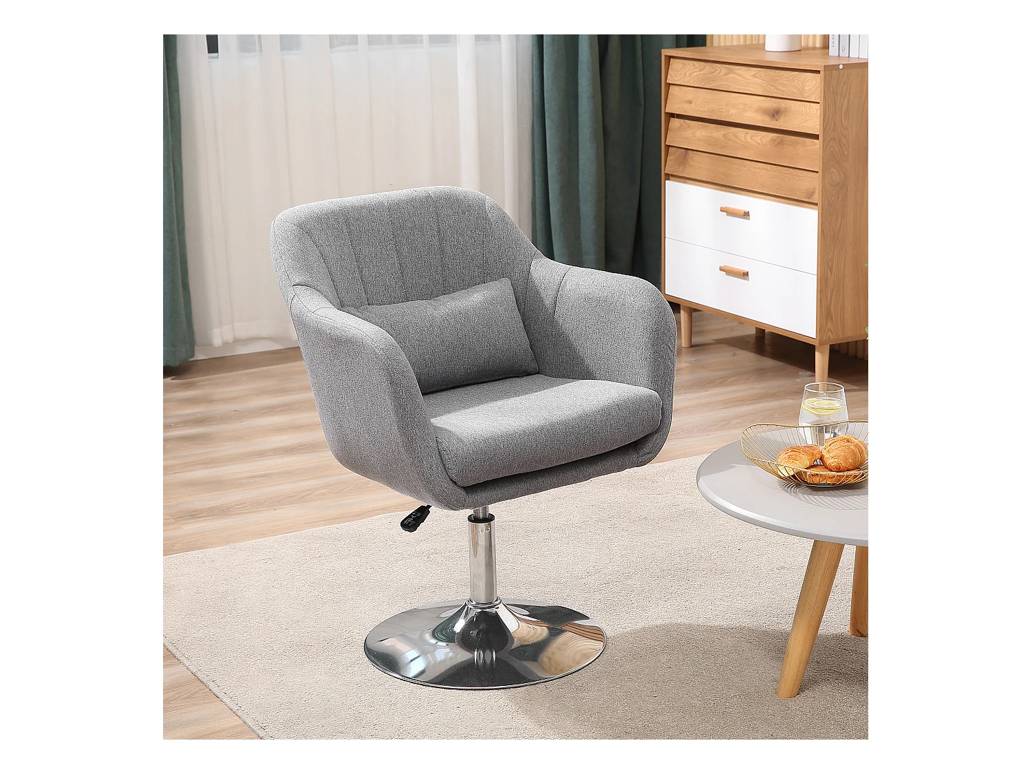 Fauteuil pivotant, réglable en hauteur, design rétro, tissu en lin, gris (60x60x79-91 cm)