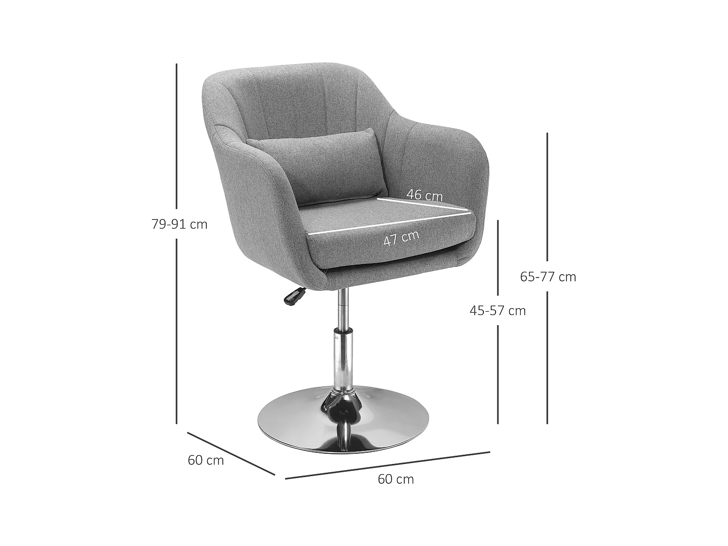 Fauteuil pivotant, réglable en hauteur, design rétro, tissu en lin, gris (60x60x79-91 cm)