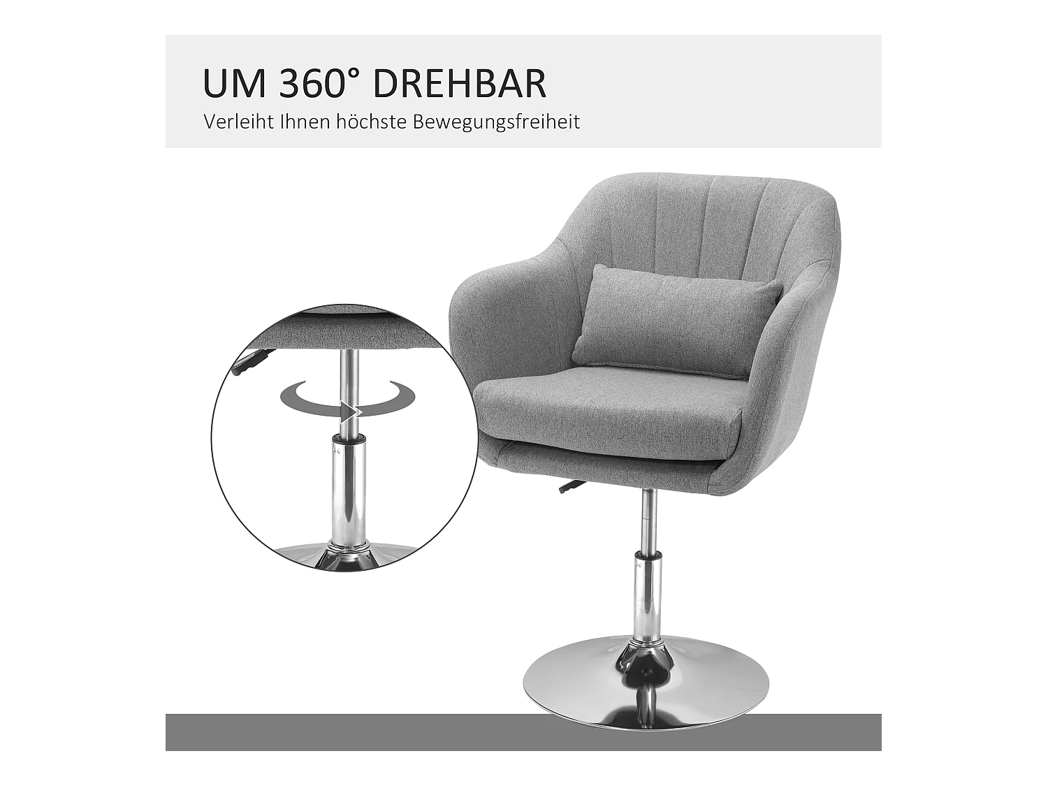 Fauteuil pivotant, réglable en hauteur, design rétro, tissu en lin, gris (60x60x79-91 cm)