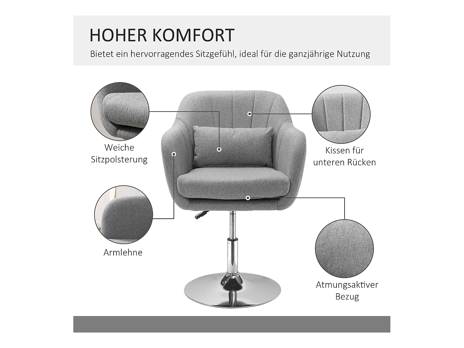 Fauteuil pivotant, réglable en hauteur, design rétro, tissu en lin, gris (60x60x79-91 cm)