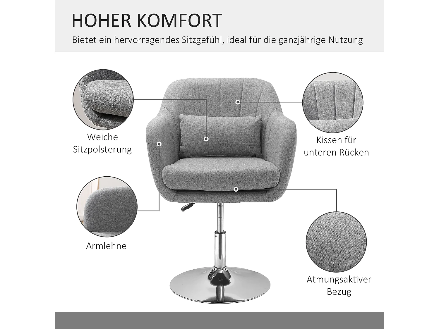 Fauteuil pivotant, réglable en hauteur, design rétro, tissu en lin, gris (60x60x79-91 cm)