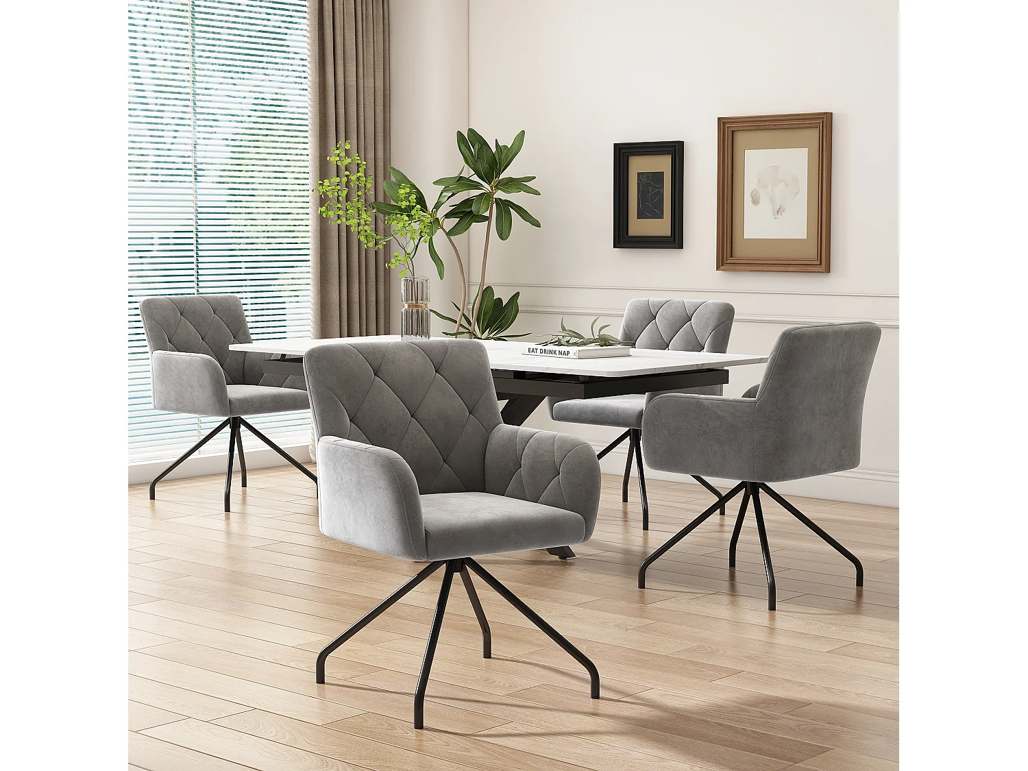 Set de 6 chaises de salle à manger avec motif losange, fauteuil rembourré avec 4 pieds métalliques, pour salon(59.69x59.69x58.42 cm)