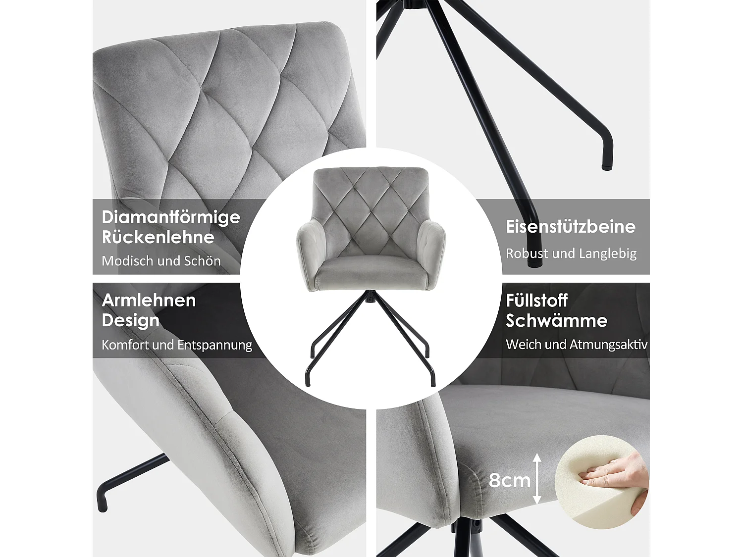 Set de 6 chaises de salle à manger avec motif losange, fauteuil rembourré avec 4 pieds métalliques, pour salon(59.69x59.69x58.42 cm)