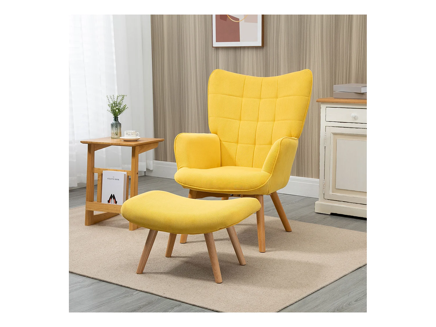 Relaxfauteuil met voetenbankje, fluweelachtige stof, hout, geel (72x80x101 cm)