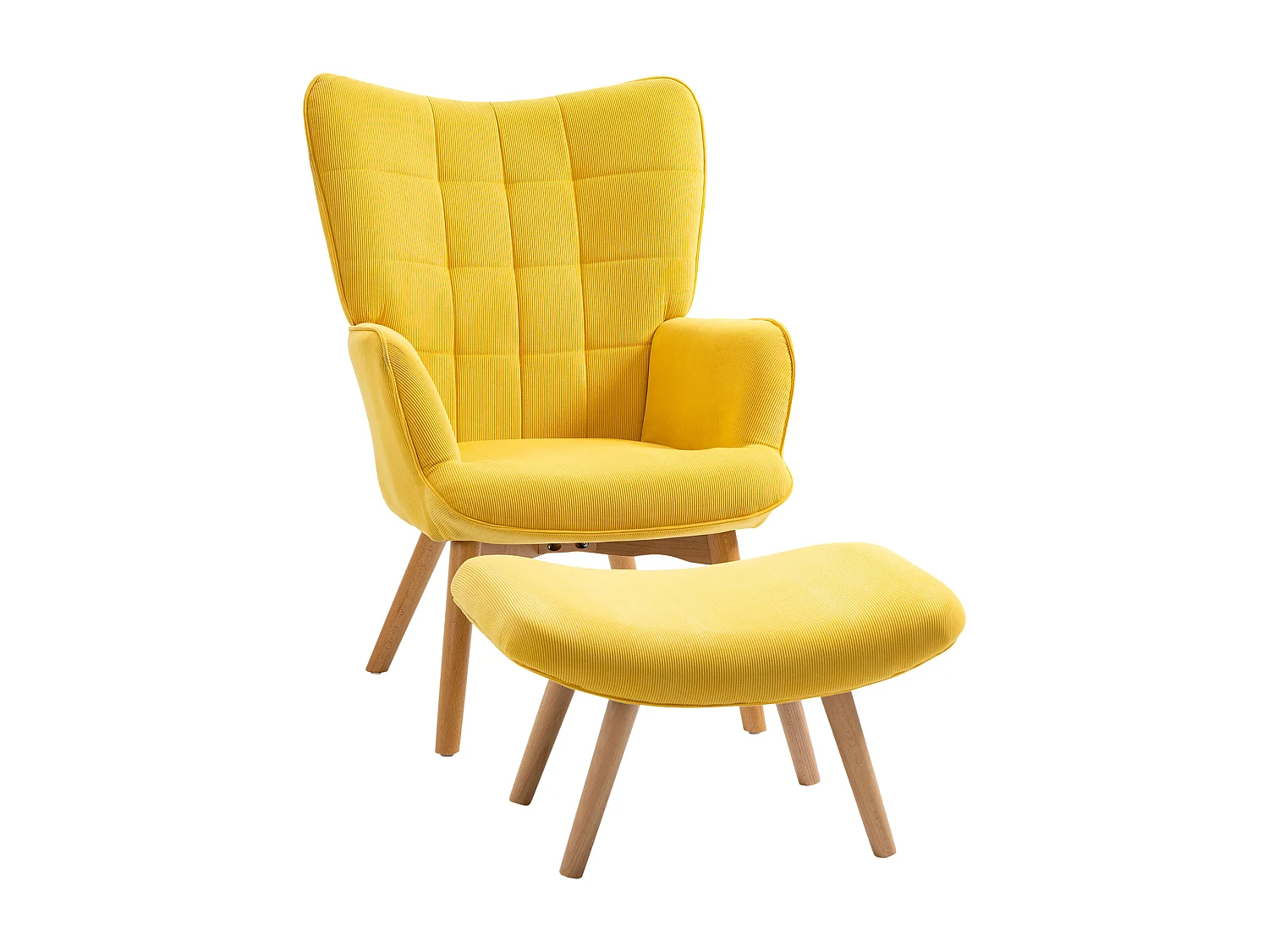 Fauteuil relax avec repose-pieds, tissu effet velours, bois, jaune (72x80x101 cm)