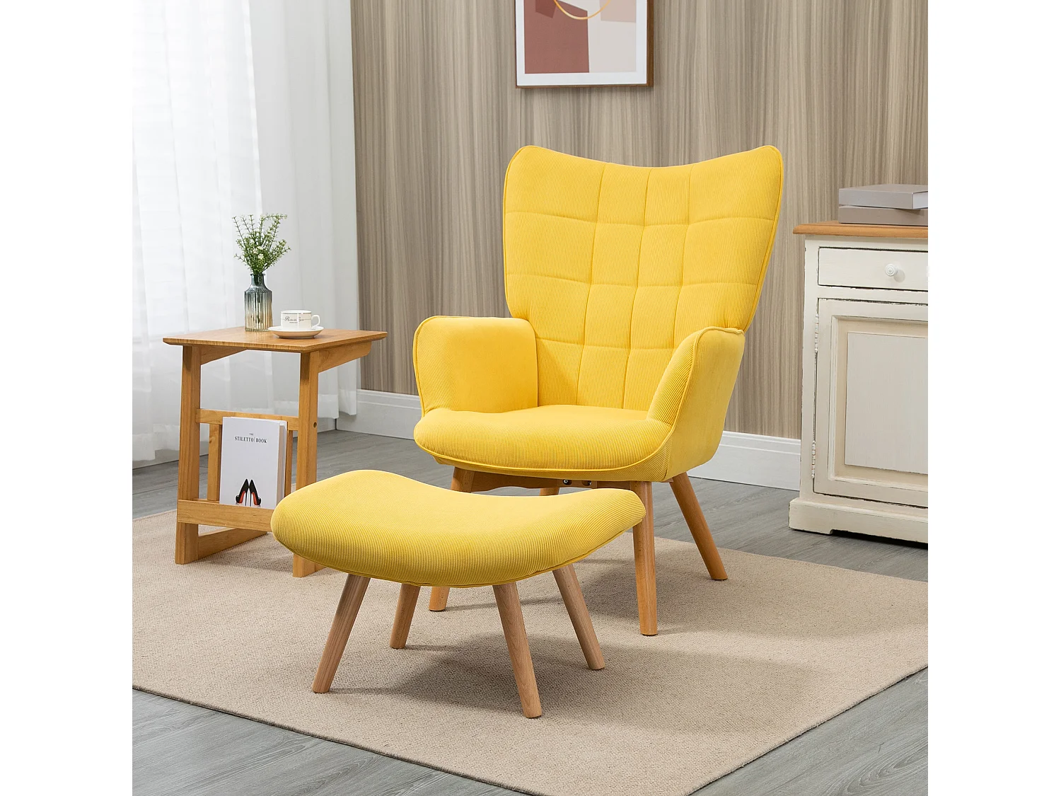 Fauteuil relax avec repose-pieds, tissu effet velours, bois, jaune (72x80x101 cm)