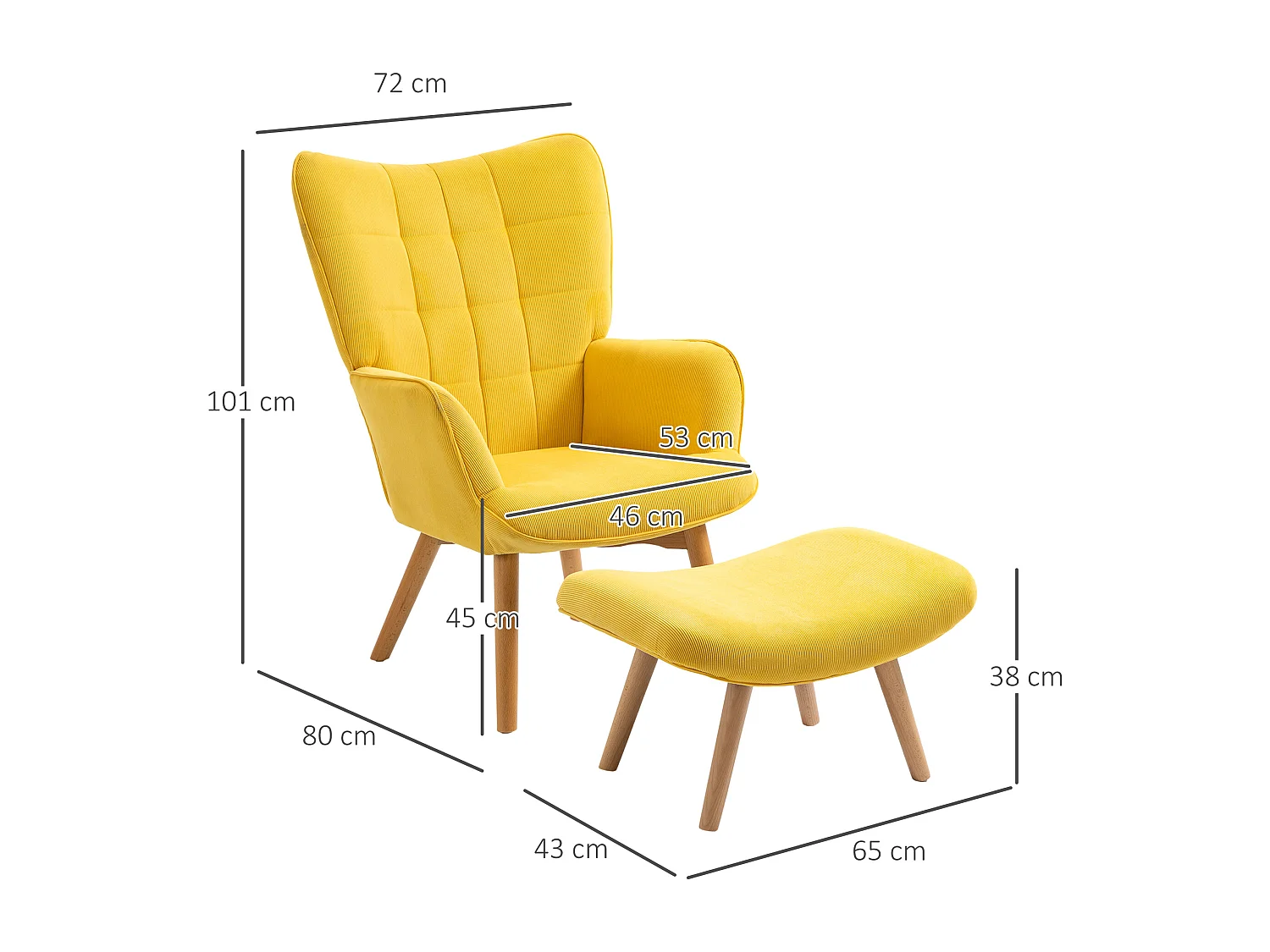 Fauteuil relax avec repose-pieds, tissu effet velours, bois, jaune (72x80x101 cm)