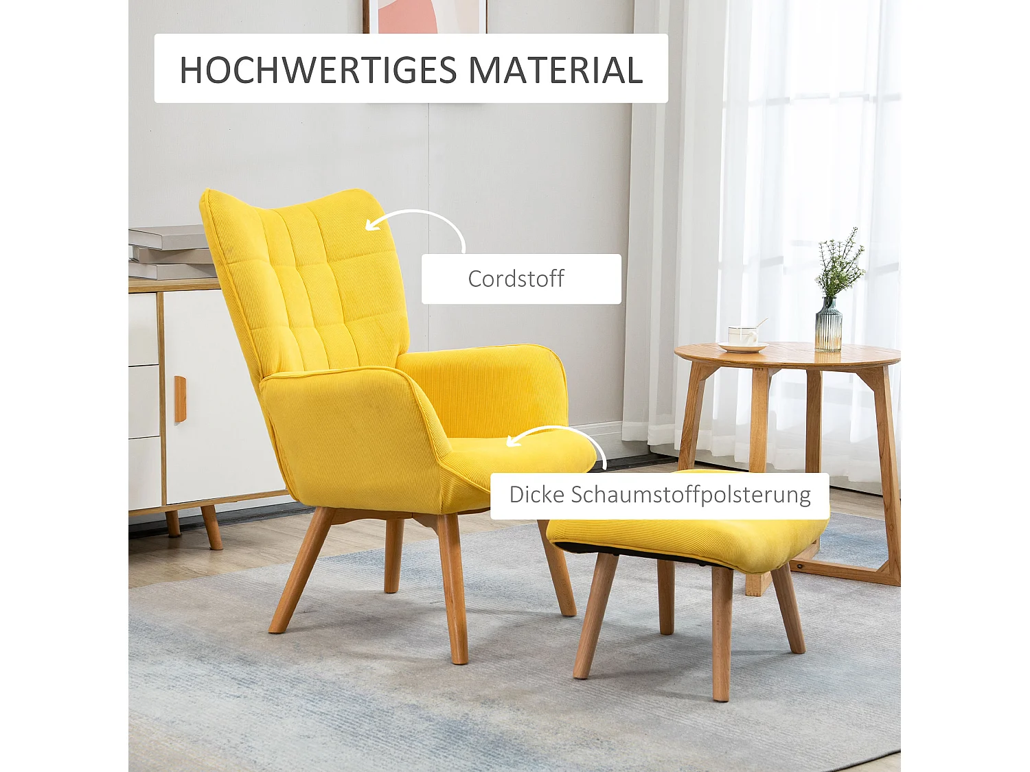 Fauteuil relax avec repose-pieds, tissu effet velours, bois, jaune (72x80x101 cm)