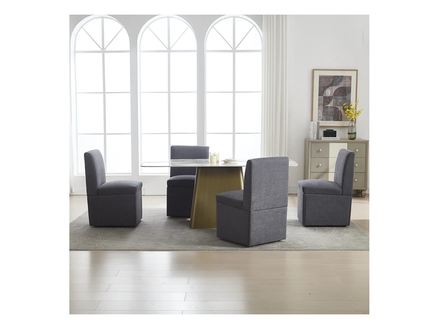 Chaise de salle à manger avec roulettes, fauteuil pivotant et rangement, tissu lin gris foncé, fauteuil moderne sans bras (50x59x86 cm)
