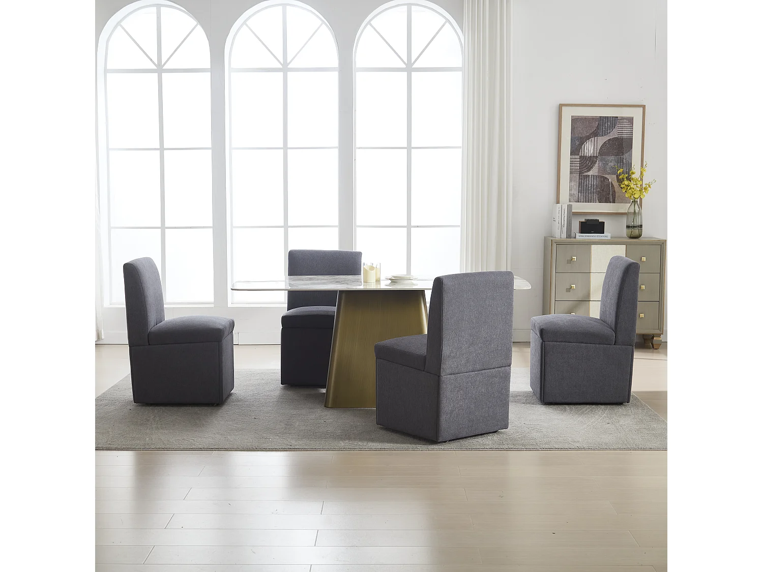 Chaise de salle à manger avec roulettes, fauteuil pivotant et rangement, tissu lin gris foncé, fauteuil moderne sans bras (50x59x86 cm)