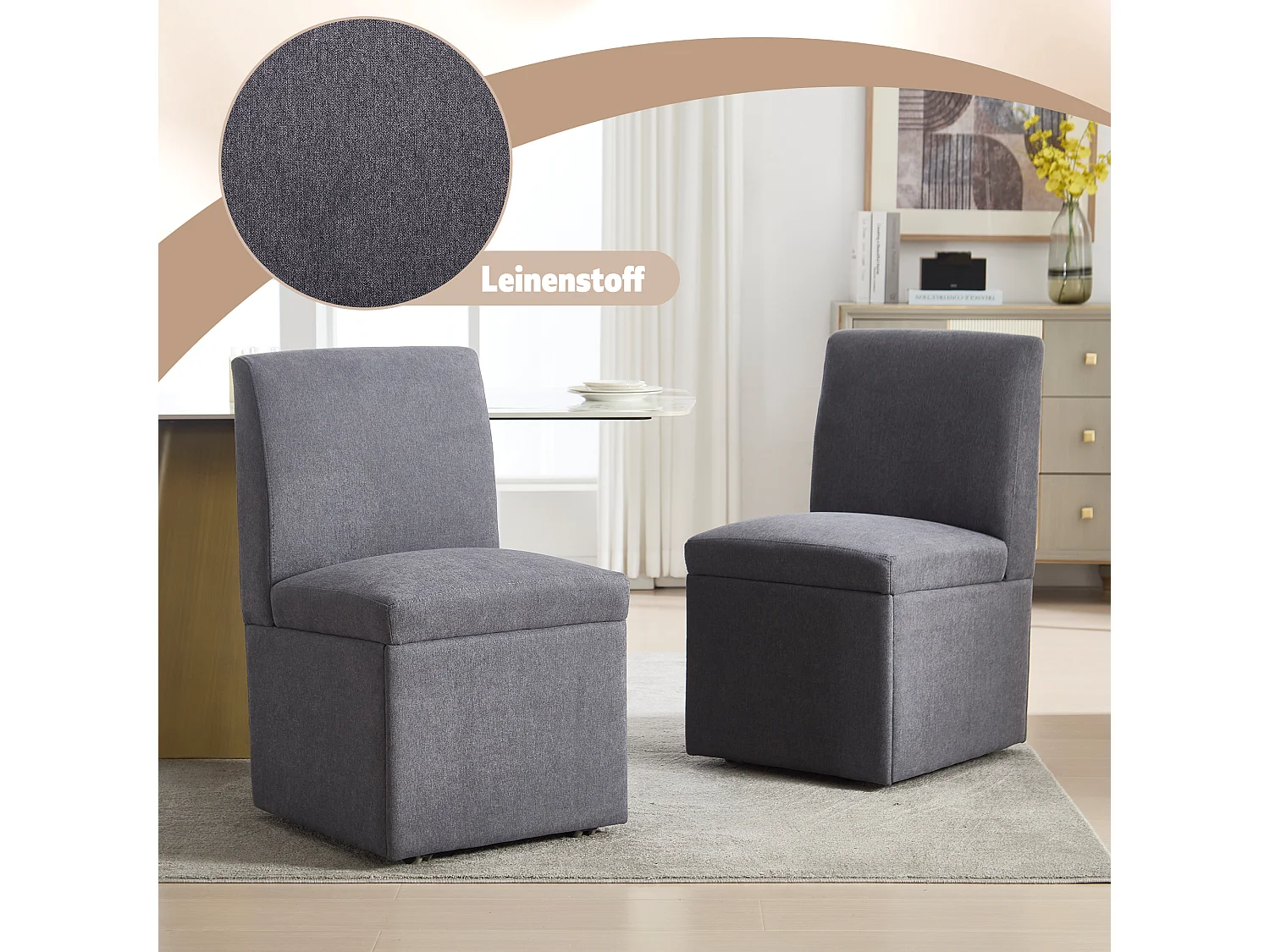 Chaise de salle à manger avec roulettes, fauteuil pivotant et rangement, tissu lin gris foncé, fauteuil moderne sans bras (50x59x86 cm)