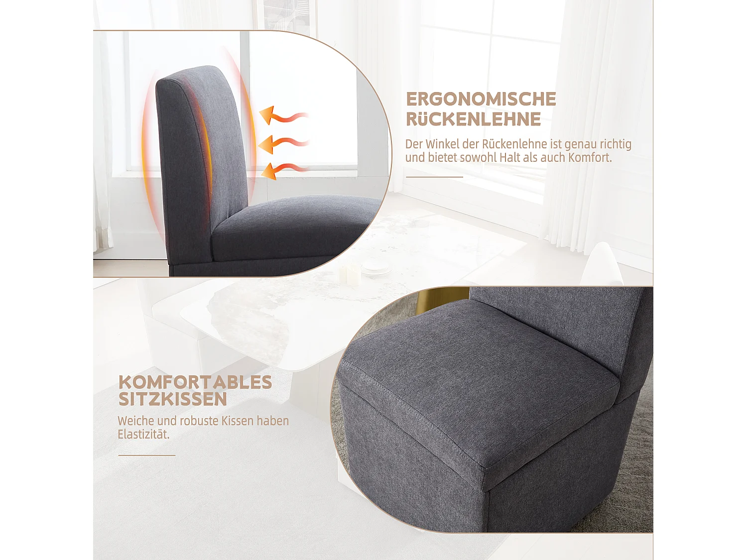 Chaise de salle à manger avec roulettes, fauteuil pivotant et rangement, tissu lin gris foncé, fauteuil moderne sans bras (50x59x86 cm)