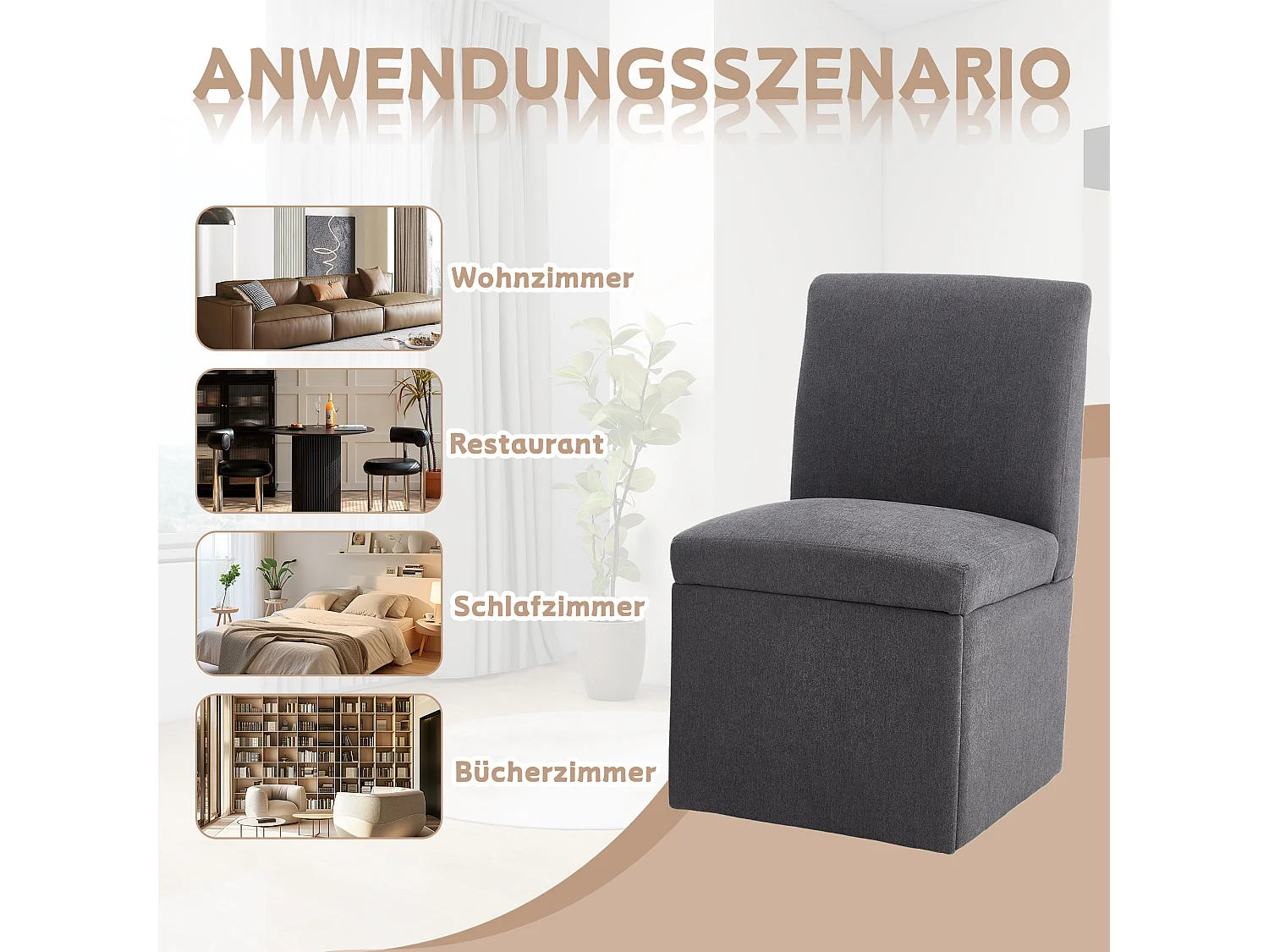 Chaise de salle à manger avec roulettes, fauteuil pivotant et rangement, tissu lin gris foncé, fauteuil moderne sans bras (50x59x86 cm)