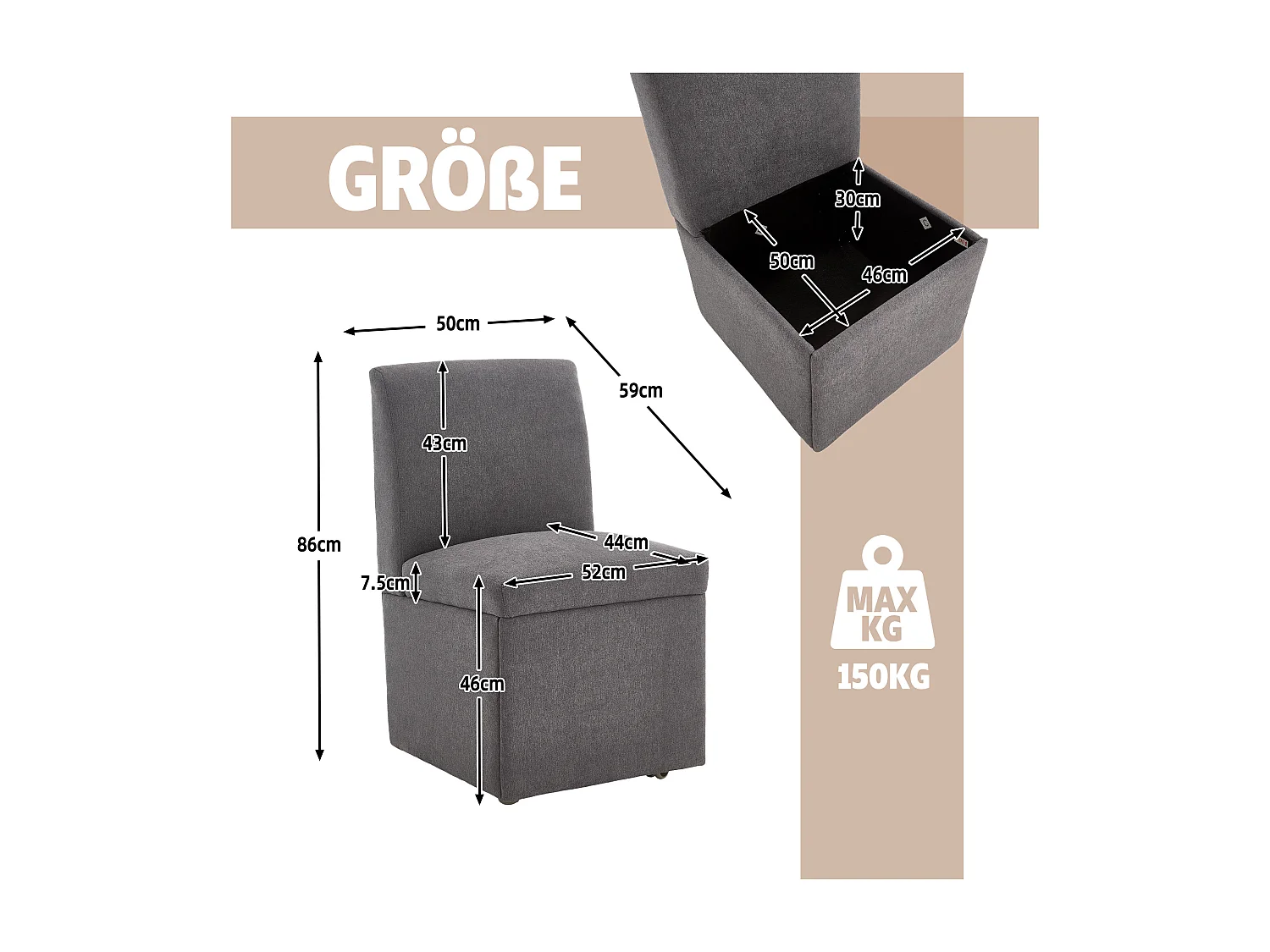 Chaise de salle à manger avec roulettes, fauteuil pivotant et rangement, tissu lin gris foncé, fauteuil moderne sans bras (50x59x86 cm)