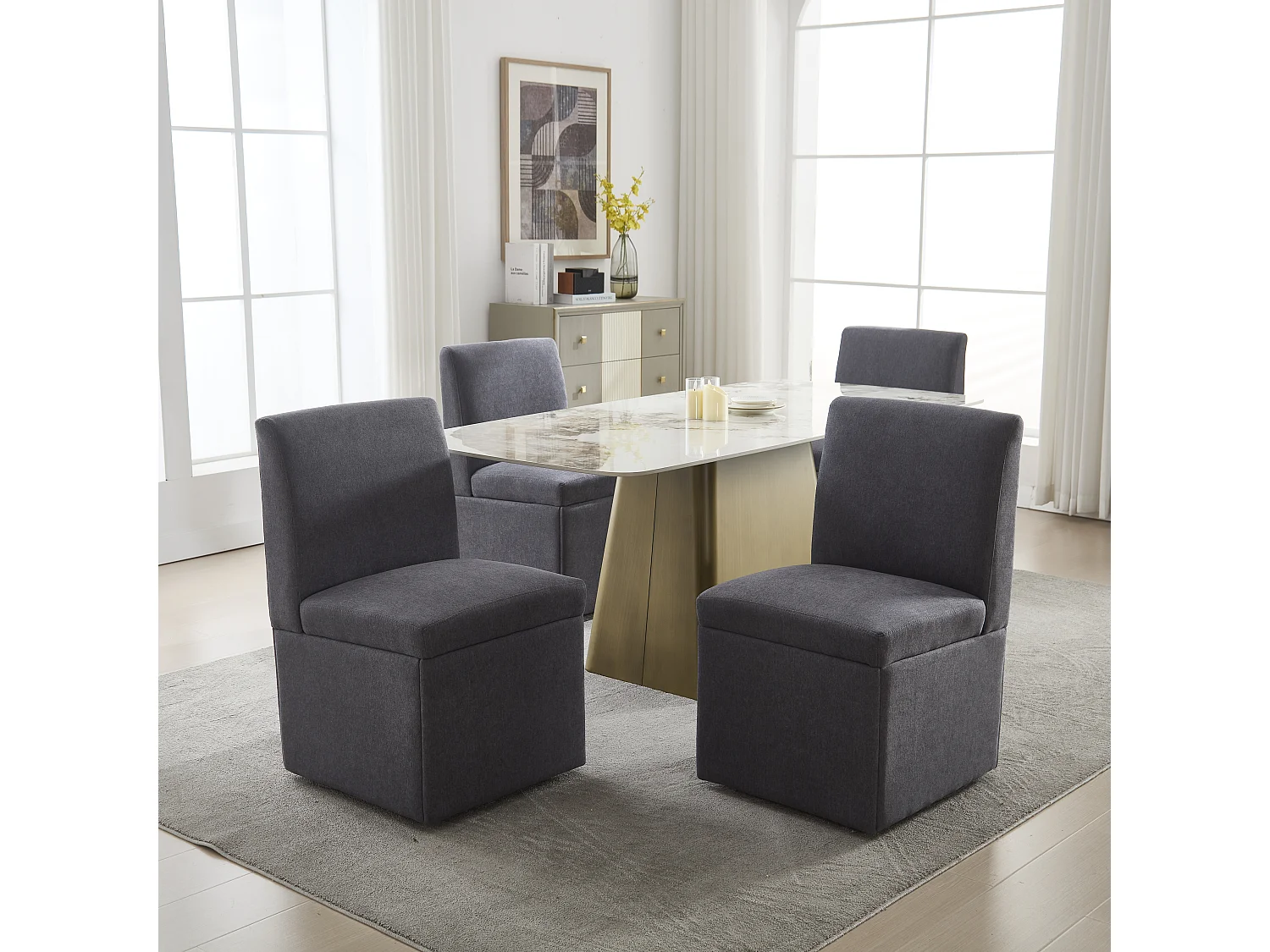 Chaise de salle à manger avec roulettes, fauteuil pivotant et rangement, tissu lin gris foncé, fauteuil moderne sans bras (50x59x86 cm)