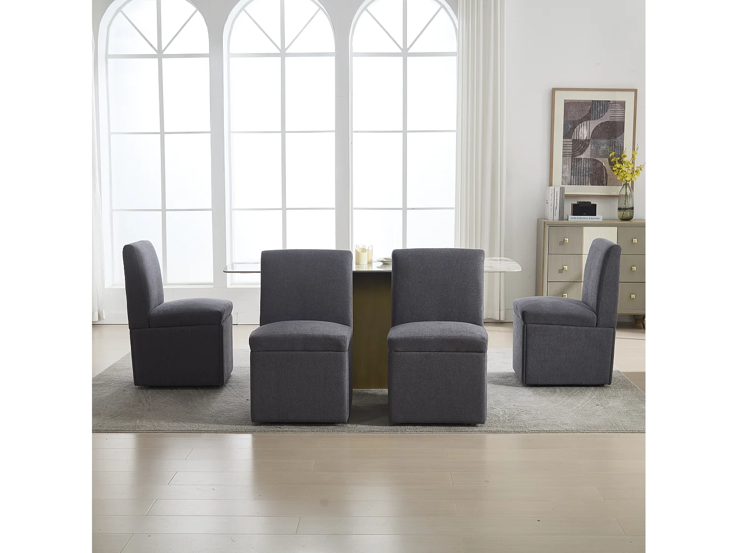 Chaise de salle à manger avec roulettes, fauteuil pivotant et rangement, tissu lin gris foncé, fauteuil moderne sans bras (50x59x86 cm)