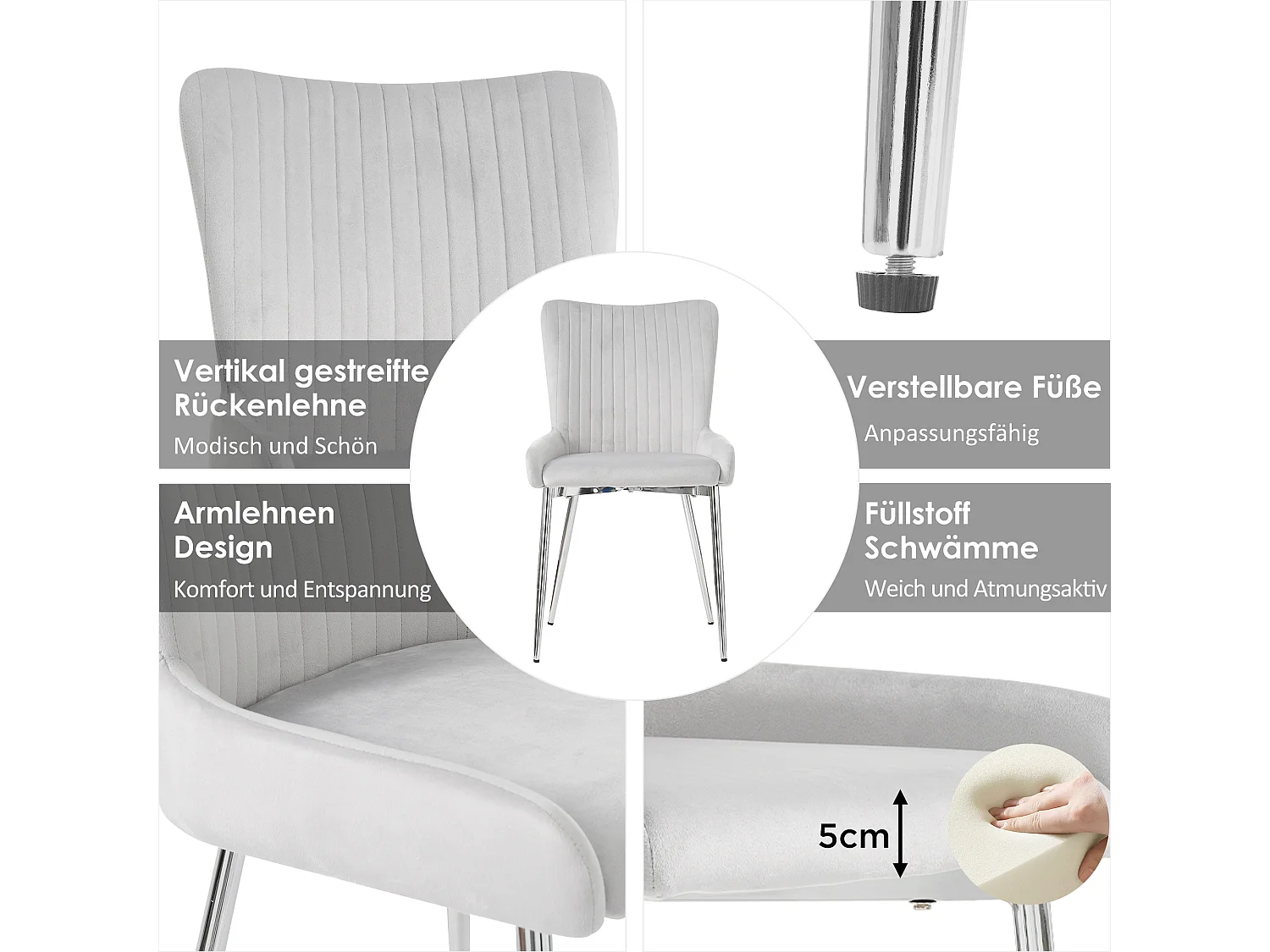 Sedie da pranzo in velluto, set da 2, design di lusso, con supporto lombare e gambe in metallo argentato, grigio