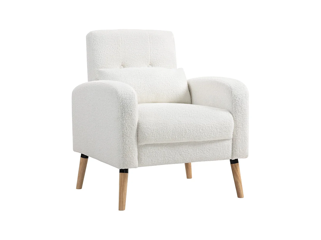 Fauteuil lounge avec coussin lombaire, rembourré, tissu polaire, pieds en bois, blanc (76x74x89.5cm)