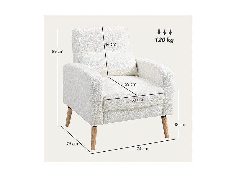 Fauteuil lounge avec coussin lombaire, rembourré, tissu polaire, pieds en bois, blanc (76x74x89.5cm)