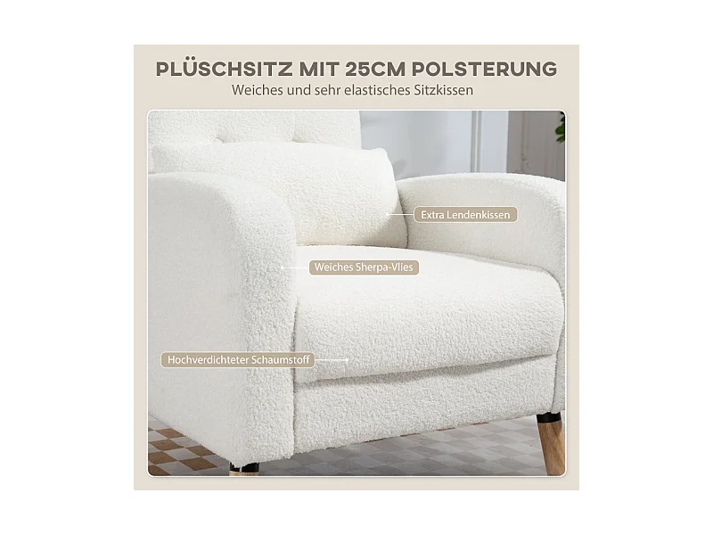 Fauteuil lounge avec coussin lombaire, rembourré, tissu polaire, pieds en bois, blanc (76x74x89.5cm)