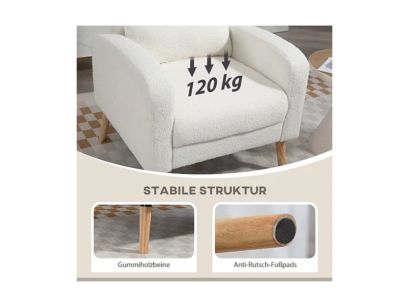 Fauteuil lounge avec coussin lombaire, rembourré, tissu polaire, pieds en bois, blanc (76x74x89.5cm)
