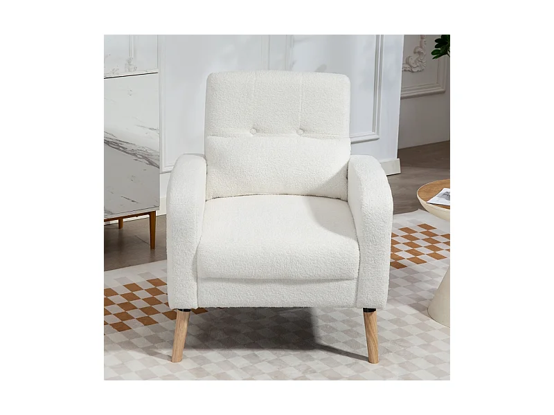 Fauteuil lounge avec coussin lombaire, rembourré, tissu polaire, pieds en bois, blanc (76x74x89.5cm)
